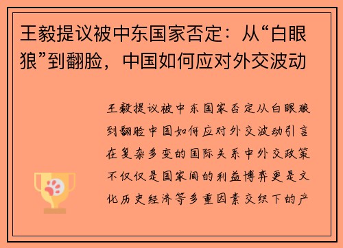 王毅提议被中东国家否定：从“白眼狼”到翻脸，中国如何应对外交波动
