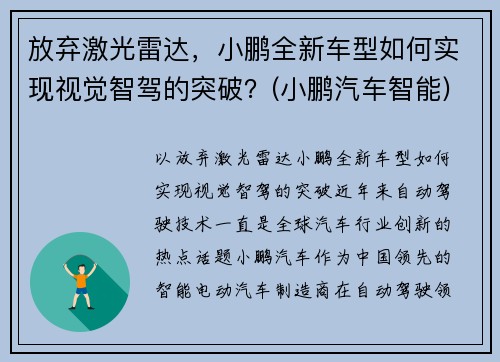 放弃激光雷达，小鹏全新车型如何实现视觉智驾的突破？(小鹏汽车智能)