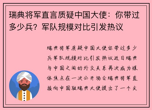 瑞典将军直言质疑中国大使：你带过多少兵？军队规模对比引发热议