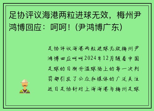 足协评议海港两粒进球无效，梅州尹鸿博回应：呵呵！(尹鸿博广东)