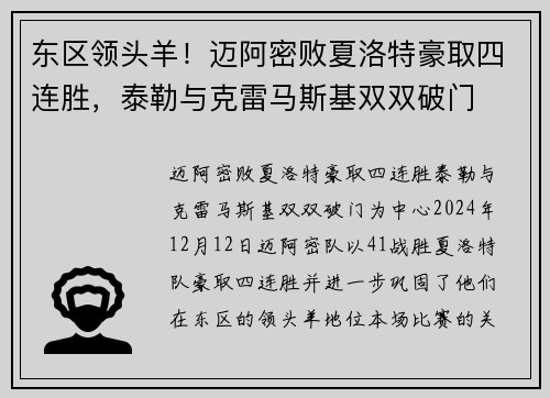 东区领头羊！迈阿密败夏洛特豪取四连胜，泰勒与克雷马斯基双双破门