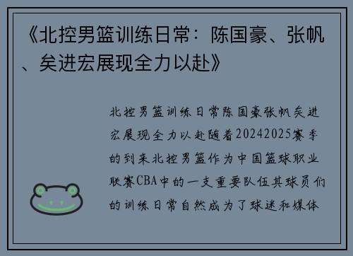 《北控男篮训练日常：陈国豪、张帆、矣进宏展现全力以赴》